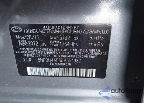 2013 Hyundai Elantra Gls z USA, uszkodzony, nr VIN 5NPDH4AE5DH354987